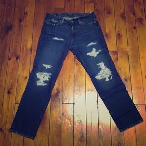 Langdon Slim, distressed dark blue jeans